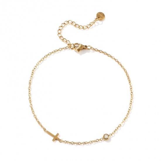 Picture of 1 Piece Eco-friendly Vacuum Plating Exquisite Stylish 18K Gold Plated Transparent Clear 304 Stainless Steel & Cubic Zirconia Link Cable Chain Cross Anklet For Women Gift 22cm(8.7") long