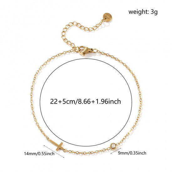 Picture of 1 Piece Eco-friendly Vacuum Plating Exquisite Stylish 18K Gold Plated Transparent Clear 304 Stainless Steel & Cubic Zirconia Link Cable Chain Cross Anklet For Women Gift 22cm(8.7") long