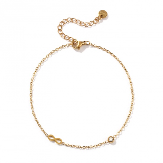 Picture of 1 Piece Eco-friendly Vacuum Plating Exquisite Stylish 18K Gold Plated Transparent Clear 304 Stainless Steel & Cubic Zirconia Link Cable Chain Infinity Symbol Anklet For Women Gift 22cm(8.7") long
