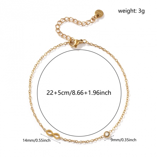 Picture of 1 Piece Eco-friendly Vacuum Plating Exquisite Stylish 18K Gold Plated Transparent Clear 304 Stainless Steel & Cubic Zirconia Link Cable Chain Infinity Symbol Anklet For Women Gift 22cm(8.7") long