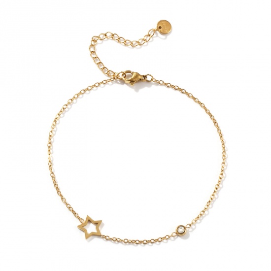 Picture of 1 Piece Eco-friendly Vacuum Plating Exquisite Stylish 18K Gold Plated Transparent Clear 304 Stainless Steel & Cubic Zirconia Link Cable Chain Pentagram Star Anklet For Women Gift 22cm(8.7") long