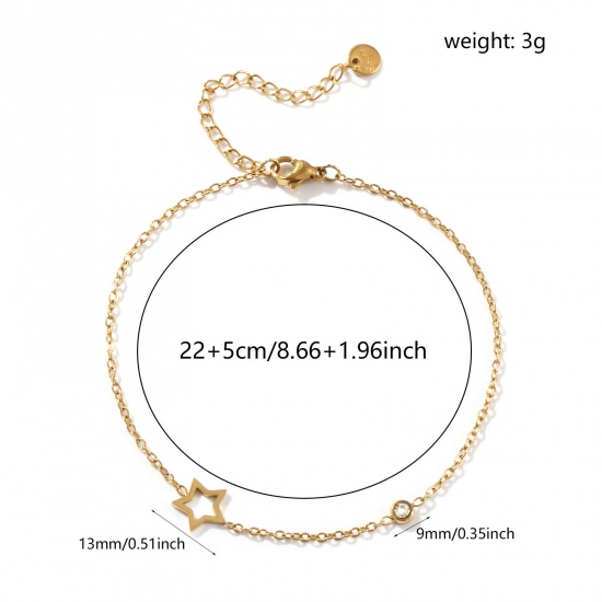 Picture of 1 Piece Eco-friendly Vacuum Plating Exquisite Stylish 18K Gold Plated Transparent Clear 304 Stainless Steel & Cubic Zirconia Link Cable Chain Pentagram Star Anklet For Women Gift 22cm(8.7") long