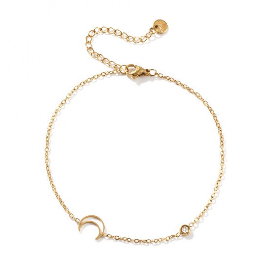 Picture of 1 Piece Eco-friendly Vacuum Plating Exquisite Stylish 18K Gold Plated Transparent Clear 304 Stainless Steel & Cubic Zirconia Link Cable Chain Half Moon Anklet For Women Gift 22cm(8.7") long