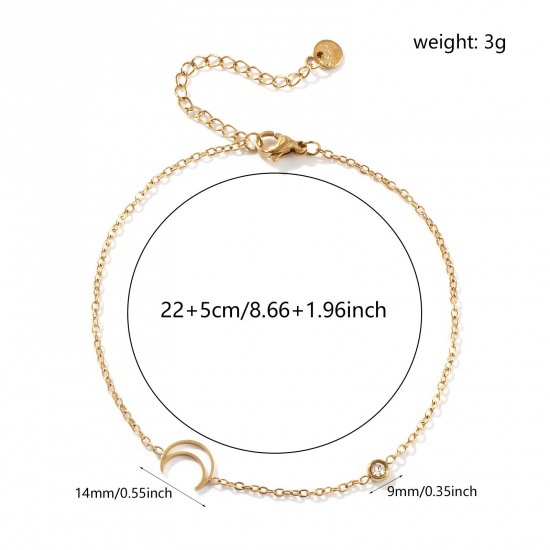 Picture of 1 Piece Eco-friendly Vacuum Plating Exquisite Stylish 18K Gold Plated Transparent Clear 304 Stainless Steel & Cubic Zirconia Link Cable Chain Half Moon Anklet For Women Gift 22cm(8.7") long