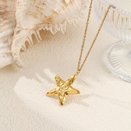 Picture of 1 Piece Eco-friendly PVD Vacuum Plating Stylish Ocean Jewelry 18K Real Gold Plated 304 Stainless Steel Link Cable Chain Star Fish Spiral Pendant Charm Necklace Unisex Gift 45cm(17.7") + 5cm(2") long