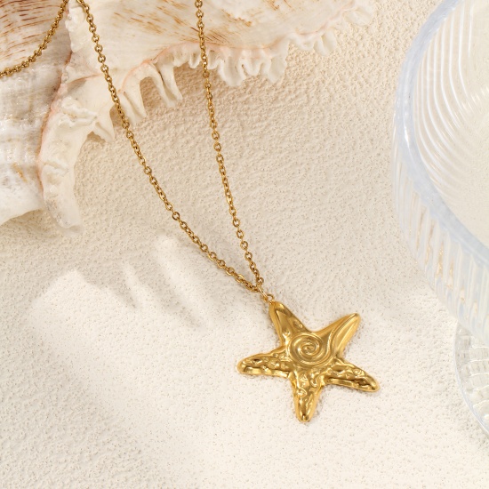 Picture of 1 Piece Eco-friendly PVD Vacuum Plating Stylish Ocean Jewelry 18K Real Gold Plated 304 Stainless Steel Link Cable Chain Star Fish Spiral Pendant Charm Necklace Unisex Gift 45cm(17.7") + 5cm(2") long