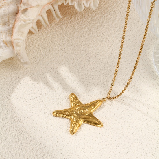 Picture of 1 Piece Eco-friendly PVD Vacuum Plating Stylish Ocean Jewelry 18K Real Gold Plated 304 Stainless Steel Link Cable Chain Star Fish Spiral Pendant Charm Necklace Unisex Gift 45cm(17.7") + 5cm(2") long