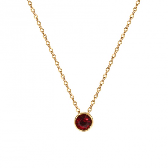 1 Piece Eco-friendly PVD Vacuum Plating Exquisite Birthstone 18K Real Gold Plated Dark Red 304 Stainless Steel & Rhinestone Link Cable Chain Round January Pendant Charm Necklace For Women Gift 45cm(17.7") + 5cm(2") long の画像