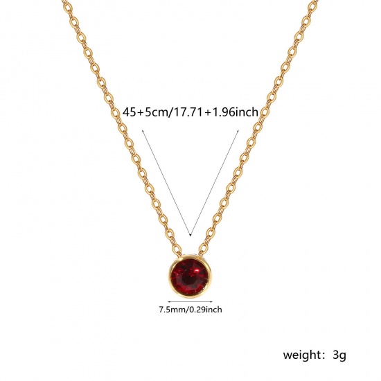 1 Piece Eco-friendly PVD Vacuum Plating Exquisite Birthstone 18K Real Gold Plated Dark Red 304 Stainless Steel & Rhinestone Link Cable Chain Round January Pendant Charm Necklace For Women Gift 45cm(17.7") + 5cm(2") long の画像