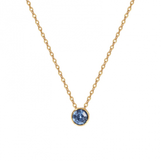 1 Piece Eco-friendly PVD Vacuum Plating Exquisite Birthstone 18K Real Gold Plated Skyblue 304 Stainless Steel & Rhinestone Link Cable Chain Round March Pendant Charm Necklace For Women Gift 45cm(17.7") + 5cm(2") long の画像