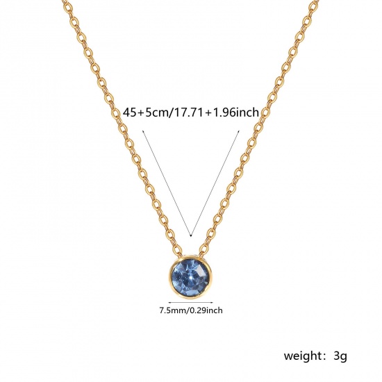 1 Piece Eco-friendly PVD Vacuum Plating Exquisite Birthstone 18K Real Gold Plated Skyblue 304 Stainless Steel & Rhinestone Link Cable Chain Round March Pendant Charm Necklace For Women Gift 45cm(17.7") + 5cm(2") long の画像