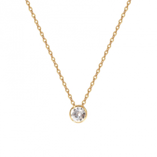 1 Piece Eco-friendly PVD Vacuum Plating Exquisite Birthstone 18K Real Gold Plated Transparent Clear 304 Stainless Steel & Rhinestone Link Cable Chain Round April Pendant Charm Necklace For Women Gift 45cm(17.7") + 5cm(2") long の画像