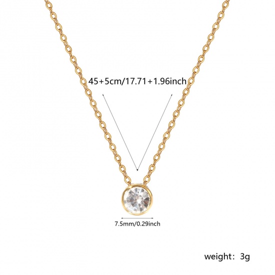 1 Piece Eco-friendly PVD Vacuum Plating Exquisite Birthstone 18K Real Gold Plated Transparent Clear 304 Stainless Steel & Rhinestone Link Cable Chain Round April Pendant Charm Necklace For Women Gift 45cm(17.7") + 5cm(2") long の画像