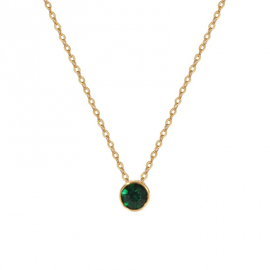 1 Piece Eco-friendly PVD Vacuum Plating Exquisite Birthstone 18K Real Gold Plated Dark Green 304 Stainless Steel & Rhinestone Link Cable Chain Round May Pendant Charm Necklace For Women Gift 45cm(17.7") + 5cm(2") long の画像