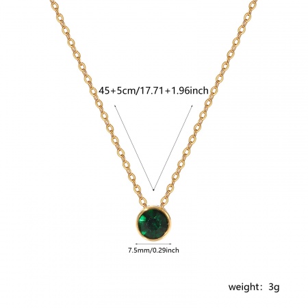 Picture of Wholesale Round Dark Green Cubic Zirconia May Birthstone Pendant Charm Necklace, 18K Real Gold Plated 304 Stainless Steel Link Cable Chain, Women's Eco-friendly PVD Vacuum Plating Waterproof Anti-Tarnish Hypoallergenic Stylish Minimalist Gift Jewelry For Retailer, 45cm(17.7") + 5cm(2") long, 1 Piece