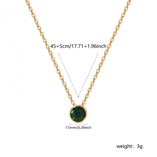 1 Piece Eco-friendly PVD Vacuum Plating Exquisite Birthstone 18K Real Gold Plated Dark Green 304 Stainless Steel & Rhinestone Link Cable Chain Round May Pendant Charm Necklace For Women Gift 45cm(17.7") + 5cm(2") long の画像