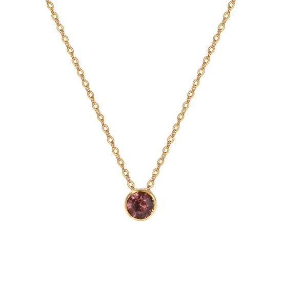 1 Piece Eco-friendly PVD Vacuum Plating Exquisite Birthstone 18K Real Gold Plated Mauve 304 Stainless Steel & Rhinestone Link Cable Chain Round June Pendant Charm Necklace For Women Gift 45cm(17.7") + 5cm(2") long の画像