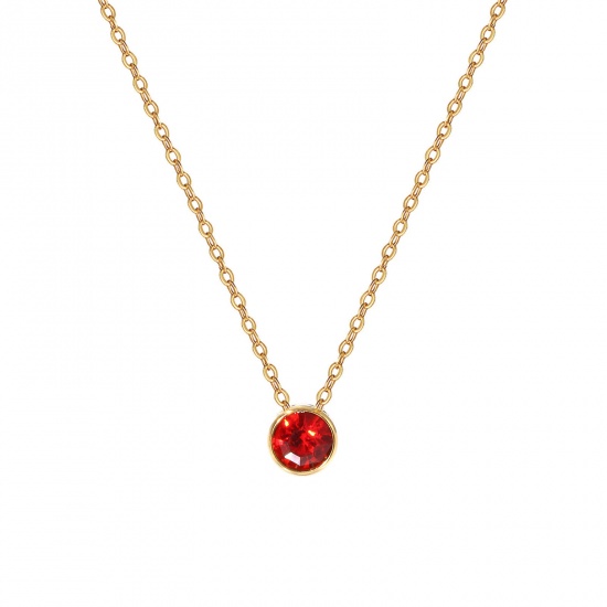 1 Piece Eco-friendly PVD Vacuum Plating Exquisite Birthstone 18K Real Gold Plated Red 304 Stainless Steel & Rhinestone Link Cable Chain Round July Pendant Charm Necklace For Women Gift 45cm(17.7") + 5cm(2") long の画像
