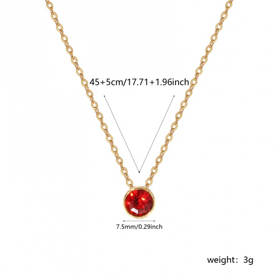1 Piece Eco-friendly PVD Vacuum Plating Exquisite Birthstone 18K Real Gold Plated Red 304 Stainless Steel & Rhinestone Link Cable Chain Round July Pendant Charm Necklace For Women Gift 45cm(17.7") + 5cm(2") long の画像
