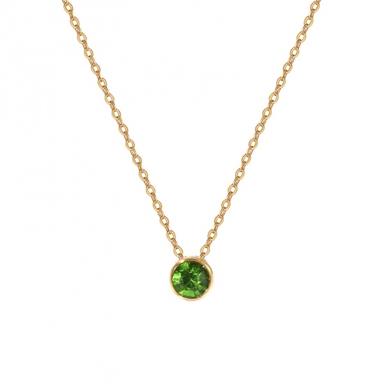 1 Piece Eco-friendly PVD Vacuum Plating Exquisite Birthstone 18K Real Gold Plated Green 304 Stainless Steel & Rhinestone Link Cable Chain Round August Pendant Charm Necklace For Women Gift 45cm(17.7") + 5cm(2") long の画像
