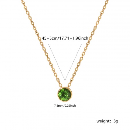 Picture of Wholesale Round Green Cubic Zirconia August Birthstone Pendant Charm Necklace, 18K Real Gold Plated 304 Stainless Steel Link Cable Chain, Women's Eco-friendly PVD Vacuum Plating Waterproof Anti-Tarnish Hypoallergenic Stylish Minimalist Gift Jewelry For Retailer, 45cm(17.7") + 5cm(2") long, 1 Piece