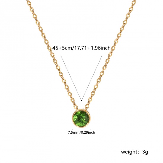 1 Piece Eco-friendly PVD Vacuum Plating Exquisite Birthstone 18K Real Gold Plated Green 304 Stainless Steel & Rhinestone Link Cable Chain Round August Pendant Charm Necklace For Women Gift 45cm(17.7") + 5cm(2") long の画像