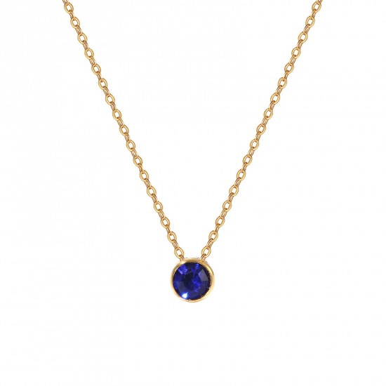 1 Piece Eco-friendly PVD Vacuum Plating Exquisite Birthstone 18K Real Gold Plated Royal Blue 304 Stainless Steel & Rhinestone Link Cable Chain Round September Pendant Charm Necklace For Women Gift 45cm(17.7") + 5cm(2") long の画像
