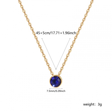 Picture of Wholesale Round Royal Blue Cubic Zirconia September Birthstone Pendant Charm Necklace, 18K Real Gold Plated 304 Stainless Steel Link Cable Chain, Women's Eco-friendly PVD Vacuum Plating Waterproof Anti-Tarnish Hypoallergenic Stylish Minimalist Gift Jewelry For Retailer, 45cm(17.7") + 5cm(2") long, 1