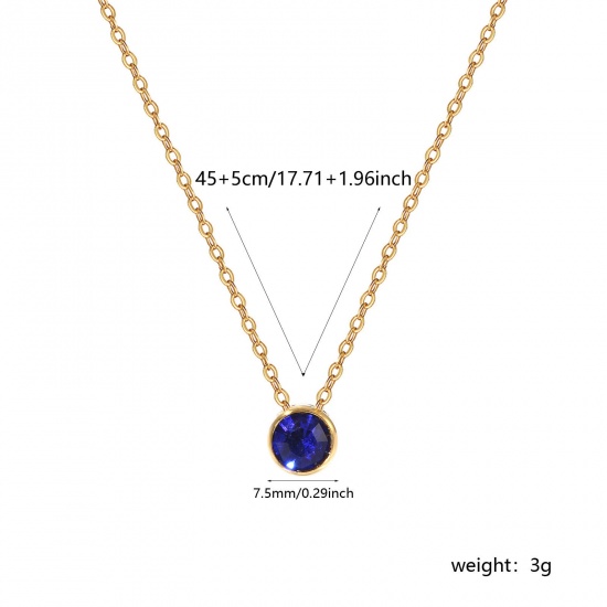 1 Piece Eco-friendly PVD Vacuum Plating Exquisite Birthstone 18K Real Gold Plated Royal Blue 304 Stainless Steel & Rhinestone Link Cable Chain Round September Pendant Charm Necklace For Women Gift 45cm(17.7") + 5cm(2") long の画像