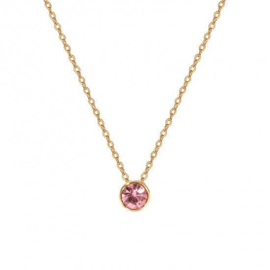 1 Piece Eco-friendly PVD Vacuum Plating Exquisite Birthstone 18K Real Gold Plated Pink 304 Stainless Steel & Rhinestone Link Cable Chain Round October Pendant Charm Necklace For Women Gift 45cm(17.7") + 5cm(2") long の画像