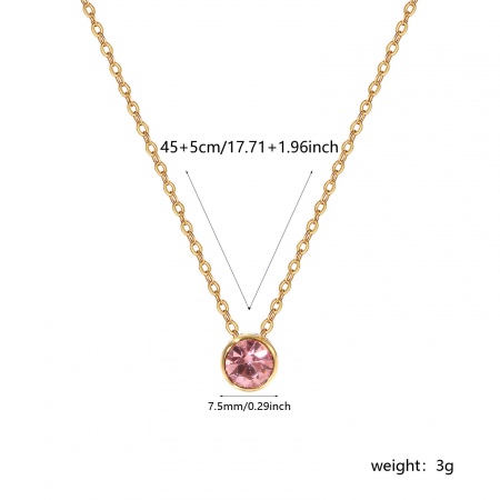 Picture of Wholesale Round Pink Cubic Zirconia October Birthstone Pendant Charm Necklace, 18K Real Gold Plated 304 Stainless Steel Link Cable Chain, Women's Eco-friendly PVD Vacuum Plating Waterproof Anti-Tarnish Hypoallergenic Stylish Minimalist Gift Jewelry For Retailer, 45cm(17.7") + 5cm(2") long, 1 Piece