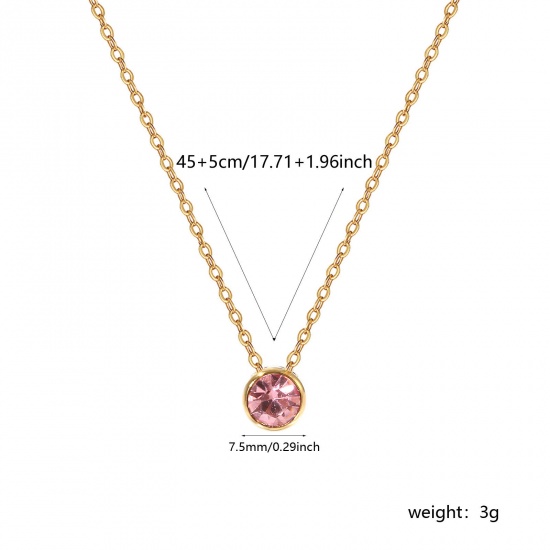 1 Piece Eco-friendly PVD Vacuum Plating Exquisite Birthstone 18K Real Gold Plated Pink 304 Stainless Steel & Rhinestone Link Cable Chain Round October Pendant Charm Necklace For Women Gift 45cm(17.7") + 5cm(2") long の画像