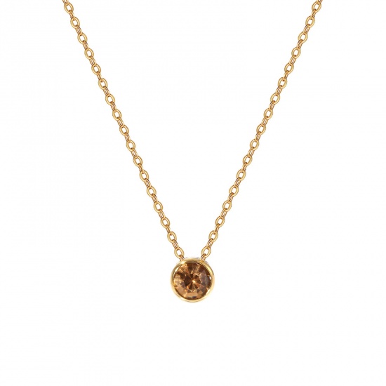 1 Piece Eco-friendly PVD Vacuum Plating Exquisite Birthstone 18K Real Gold Plated Champagne 304 Stainless Steel & Rhinestone Link Cable Chain Round November Pendant Charm Necklace For Women Gift 45cm(17.7") + 5cm(2") long の画像