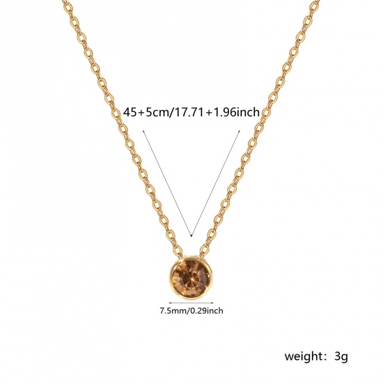 1 Piece Eco-friendly PVD Vacuum Plating Exquisite Birthstone 18K Real Gold Plated Champagne 304 Stainless Steel & Rhinestone Link Cable Chain Round November Pendant Charm Necklace For Women Gift 45cm(17.7") + 5cm(2") long の画像