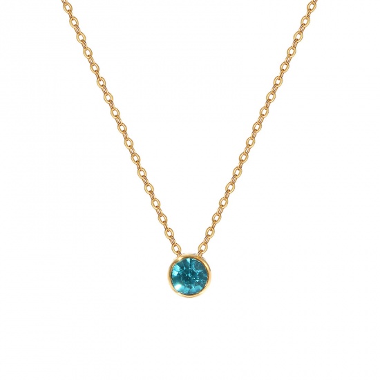 1 Piece Eco-friendly PVD Vacuum Plating Exquisite Birthstone 18K Real Gold Plated Lake Blue 304 Stainless Steel & Rhinestone Link Cable Chain Round December Pendant Charm Necklace For Women Gift 45cm(17.7") + 5cm(2") long の画像