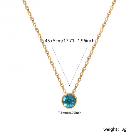 1 Piece Eco-friendly PVD Vacuum Plating Exquisite Birthstone 18K Real Gold Plated Lake Blue 304 Stainless Steel & Rhinestone Link Cable Chain Round December Pendant Charm Necklace For Women Gift 45cm(17.7") + 5cm(2") long の画像