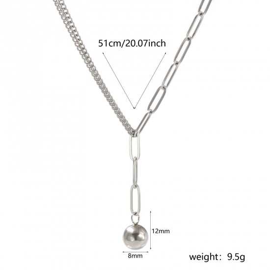Bild von 1 Strang Umweltfreundlich Stilvoll Doppelschicht Silberfarbe 304 Edelstahl Büroklammerkette Rund Anhänger Halskette Für Frauen Geschenk 51cm lang