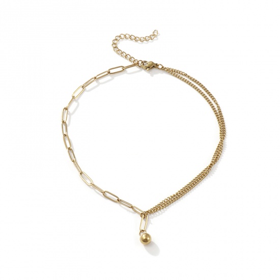 Picture of 1 Piece Eco-friendly PVD Vacuum Plating Stylish Double Layer 18K Real Gold Plated 304 Stainless Steel Paperclip Link Chain Ball Charm Anklet For Women Gift 26cm(10.2") long