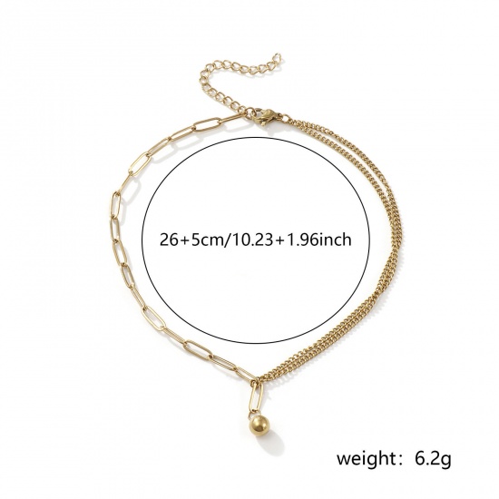 Picture of 1 Piece Eco-friendly PVD Vacuum Plating Stylish Double Layer 18K Real Gold Plated 304 Stainless Steel Paperclip Link Chain Ball Charm Anklet For Women Gift 26cm(10.2") long