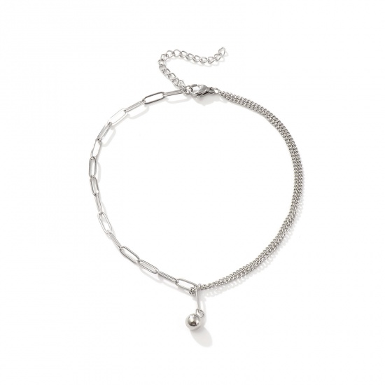 Picture of 1 Piece Eco-friendly Stylish Double Layer Silver Tone 304 Stainless Steel Paperclip Link Chain Ball Charm Anklet For Women Gift 26cm(10.2") long