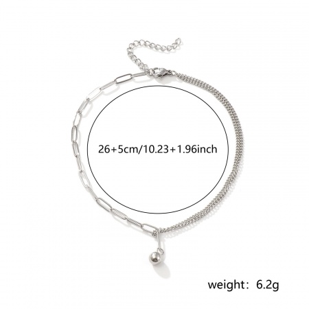 Picture of Wholesale Ball 304 Stainless Steel Paperclip Link Chain Charm Anklet, Silver Tone Eco-friendly, Women's Double Layer Stylish Gift Jewelry Supply, 26cm(10.2") long, 1 Piece
