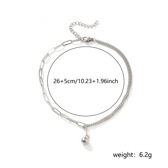 Picture of 1 Piece Eco-friendly Stylish Double Layer Silver Tone 304 Stainless Steel Paperclip Link Chain Ball Charm Anklet For Women Gift 26cm(10.2") long