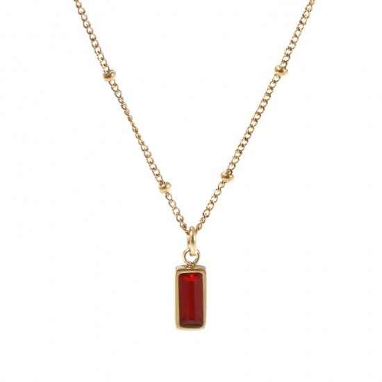 Picture of 1 Piece Eco-friendly PVD Vacuum Plating Exquisite Birthstone 18K Real Gold Plated Wine Red 304 Stainless Steel & Cubic Zirconia Curb Link Chain Rectangle January Pendant Charm Necklace For Women Gift 45cm(17.7") + 5cm(2") long