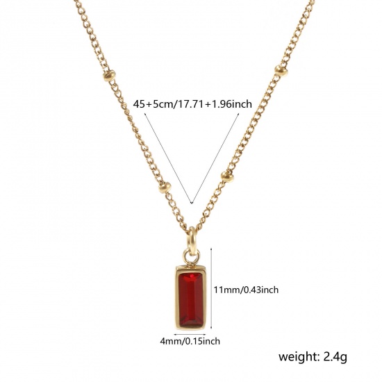 Picture of 1 Piece Eco-friendly PVD Vacuum Plating Exquisite Birthstone 18K Real Gold Plated Wine Red 304 Stainless Steel & Cubic Zirconia Curb Link Chain Rectangle January Pendant Charm Necklace For Women Gift 45cm(17.7") + 5cm(2") long
