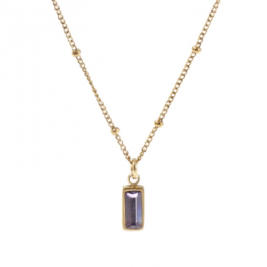 Picture of 1 Piece Eco-friendly PVD Vacuum Plating Exquisite Birthstone 18K Real Gold Plated Purple 304 Stainless Steel & Cubic Zirconia Curb Link Chain Rectangle February Pendant Charm Necklace For Women Gift 45cm(17.7") + 5cm(2") long
