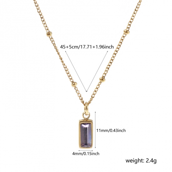 Picture of 1 Piece Eco-friendly PVD Vacuum Plating Exquisite Birthstone 18K Real Gold Plated Purple 304 Stainless Steel & Cubic Zirconia Curb Link Chain Rectangle February Pendant Charm Necklace For Women Gift 45cm(17.7") + 5cm(2") long
