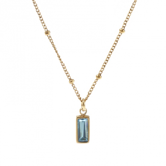 Picture of 1 Piece Eco-friendly PVD Vacuum Plating Exquisite Birthstone 18K Real Gold Plated Aqua Blue 304 Stainless Steel & Cubic Zirconia Curb Link Chain Rectangle March Pendant Charm Necklace For Women Gift 45cm(17.7") + 5cm(2") long