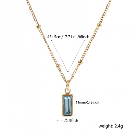 Picture of 1 Piece Eco-friendly PVD Vacuum Plating Exquisite Birthstone 18K Real Gold Plated Aqua Blue 304 Stainless Steel & Cubic Zirconia Curb Link Chain Rectangle March Pendant Charm Necklace For Women Gift 45cm(17.7") + 5cm(2") long