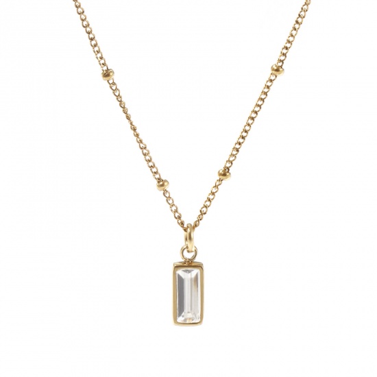 Picture of 1 Piece Eco-friendly PVD Vacuum Plating Exquisite Birthstone 18K Real Gold Plated Transparent Clear 304 Stainless Steel & Cubic Zirconia Curb Link Chain Rectangle April Pendant Charm Necklace For Women Gift 45cm(17.7") + 5cm(2") long