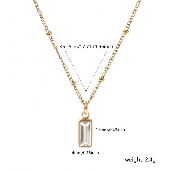 Picture of 1 Piece Eco-friendly PVD Vacuum Plating Exquisite Birthstone 18K Real Gold Plated Transparent Clear 304 Stainless Steel & Cubic Zirconia Curb Link Chain Rectangle April Pendant Charm Necklace For Women Gift 45cm(17.7") + 5cm(2") long